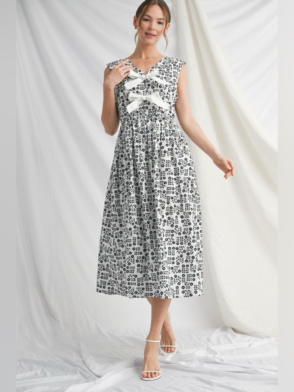 Boutique Black & White Floral Midi Dress with Bow Details